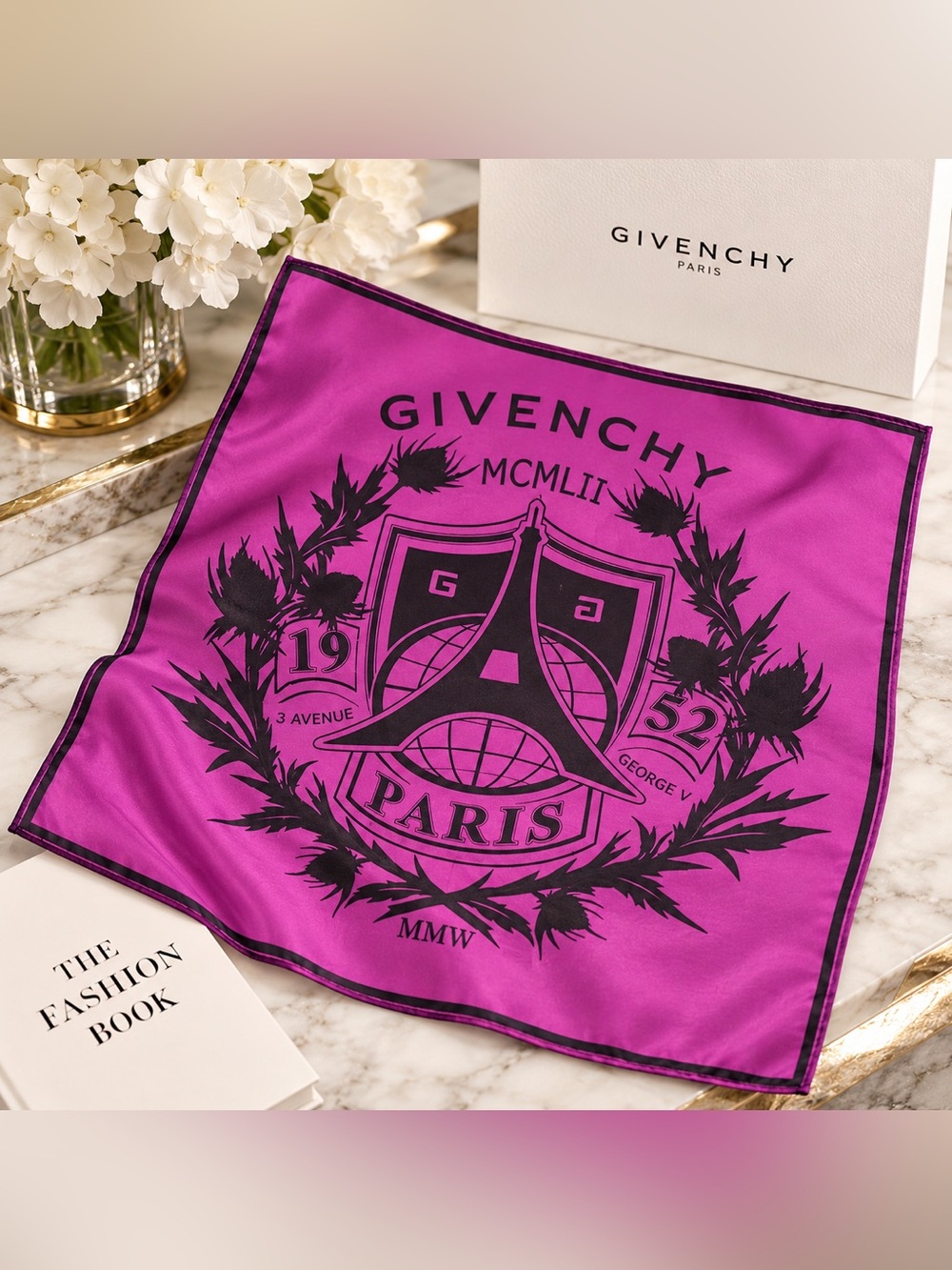 Givenchy Paris Crest Logo Square Scarf Purple Black 100% Cotton 17.55